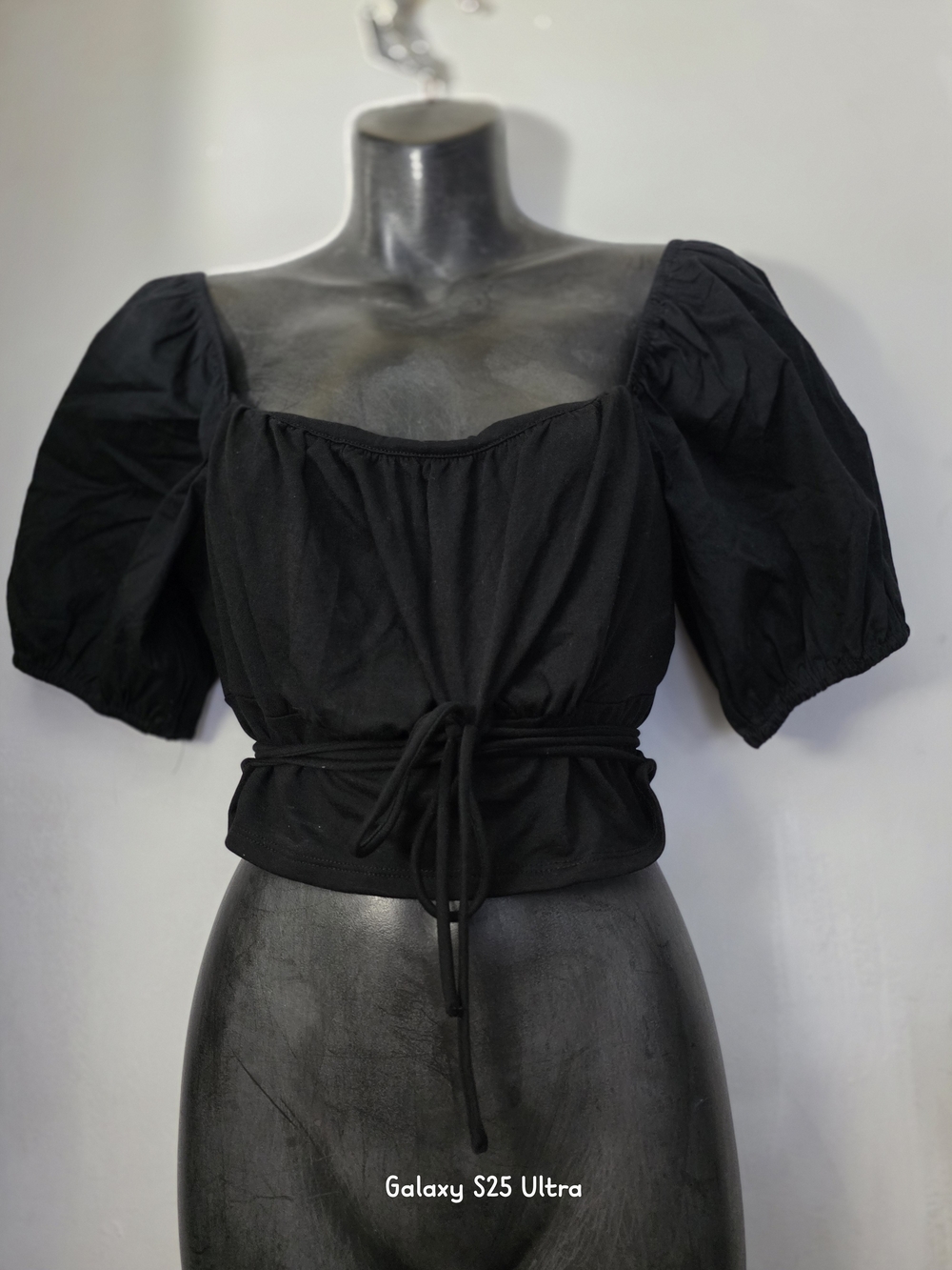 meraki Black Puff-Sleeve Tie-Waist Crop Top
